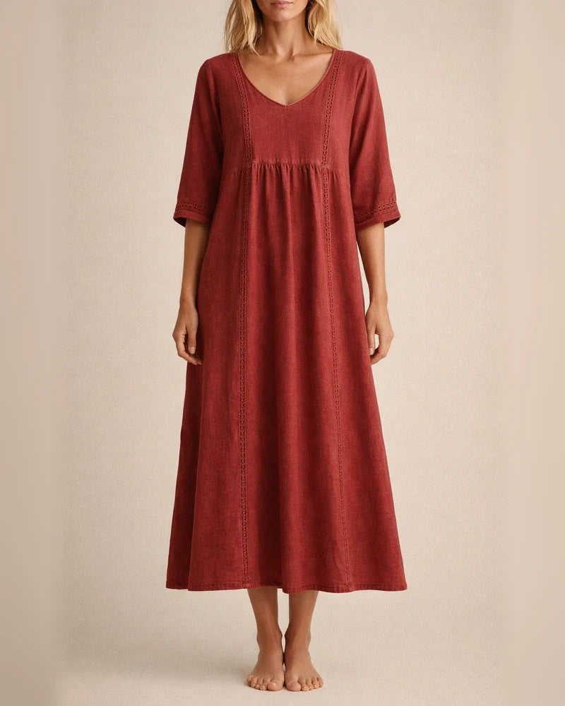 New Arrival Women's Loose-Fit V-Neck Patchwork Lace-Trimmed Linen-Cotton Dress | JRSEE:a40efe63-f840-44ed-8729-7ba82f79c222