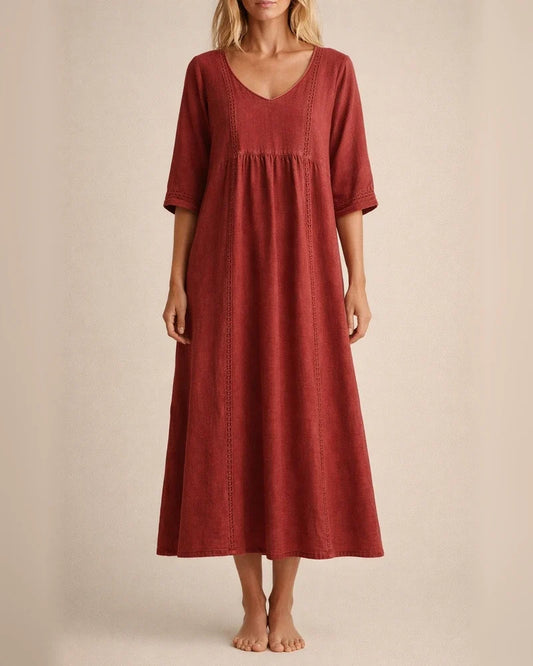 New Arrival Women's Loose-Fit V-Neck Patchwork Lace-Trimmed Linen-Cotton Dress | JRSEE:a40efe63-f840-44ed-8729-7ba82f79c222
