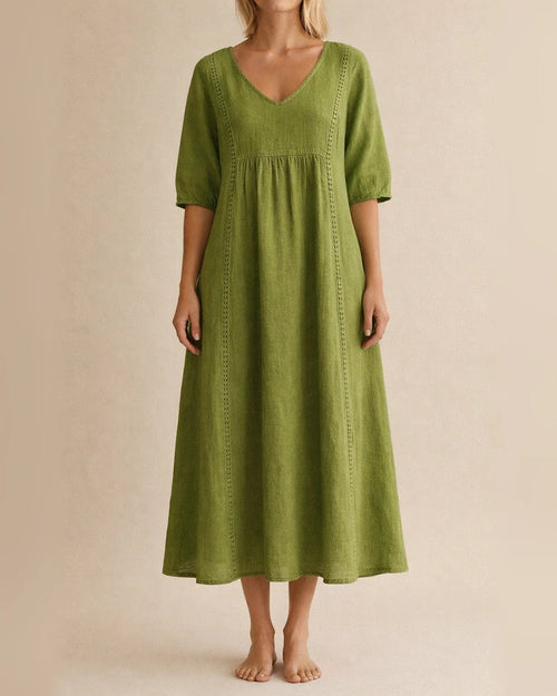 New Arrival Women's Loose-Fit V-Neck Patchwork Lace-Trimmed Linen-Cotton Dress | JRSEE:fda197c4-f5ea-4520-be12-dae6d0c467e0