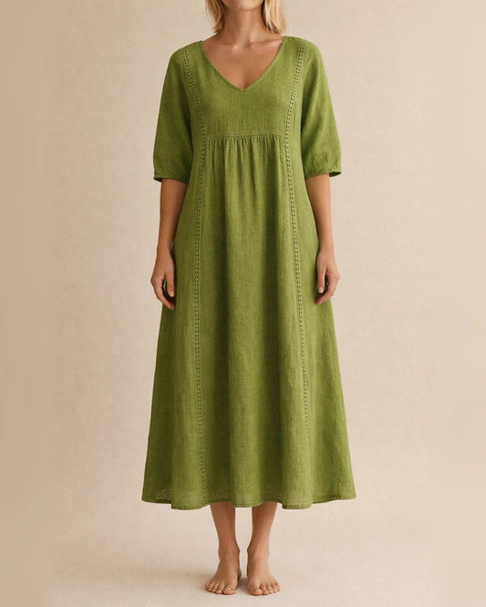 New Arrival Women's Loose-Fit V-Neck Patchwork Lace-Trimmed Linen-Cotton Dress | JRSEE:fda197c4-f5ea-4520-be12-dae6d0c467e0