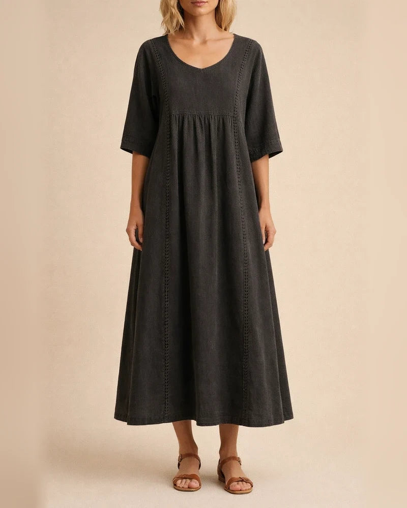 New Arrival Women's Loose-Fit V-Neck Patchwork Lace-Trimmed Linen-Cotton Dress | JRSEE:73c7b043-33aa-4235-a614-bd410aac2df0