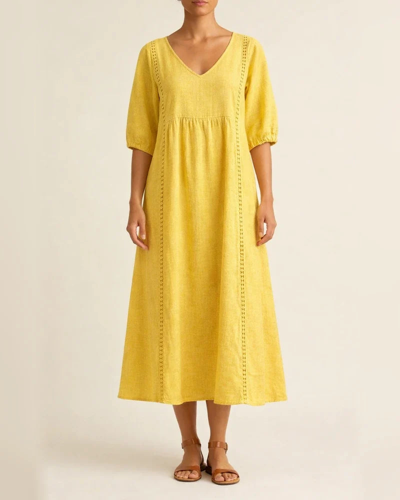 New Arrival Women's Loose-Fit V-Neck Patchwork Lace-Trimmed Linen-Cotton Dress | JRSEE:9e9834ef-57c7-4fe1-a889-74b4c9306d12