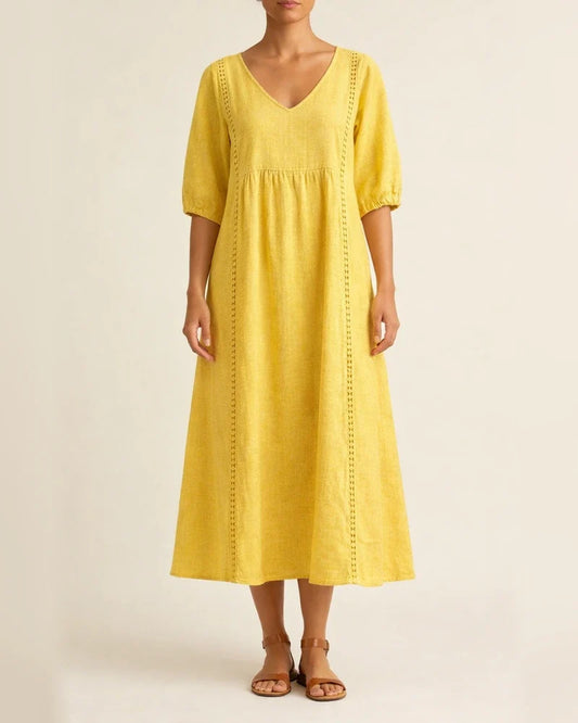 New Arrival Women's Loose-Fit V-Neck Patchwork Lace-Trimmed Linen-Cotton Dress | JRSEE:9e9834ef-57c7-4fe1-a889-74b4c9306d12