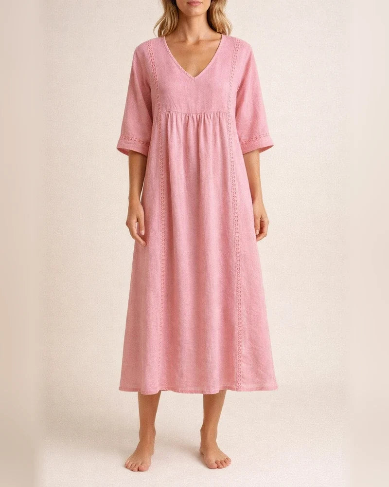 New Arrival Women's Loose-Fit V-Neck Patchwork Lace-Trimmed Linen-Cotton Dress | JRSEE:d7c462f8-ec88-4a76-991a-40c80ecaaf65