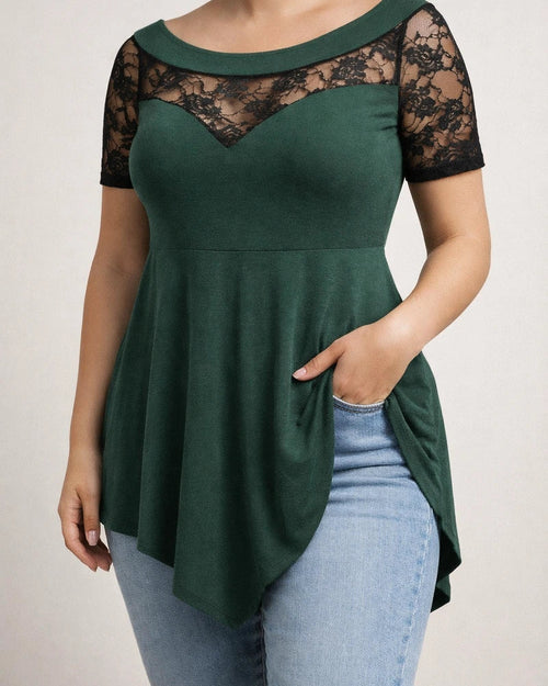 New Arrival Women's Plus Size Floral Lace Short-Sleeve Asymmetrical Hem Sheer Round Neck Top | JRSEE:09932c53-e03c-4de2-9741-b069d9056f8a