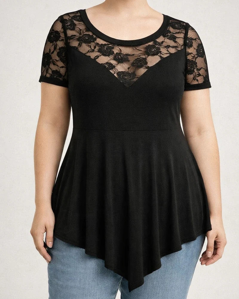 New Arrival Women's Plus Size Floral Lace Short-Sleeve Asymmetrical Hem Sheer Round Neck Top | JRSEE:39015706-d6a6-48df-8909-bb3091091b3f