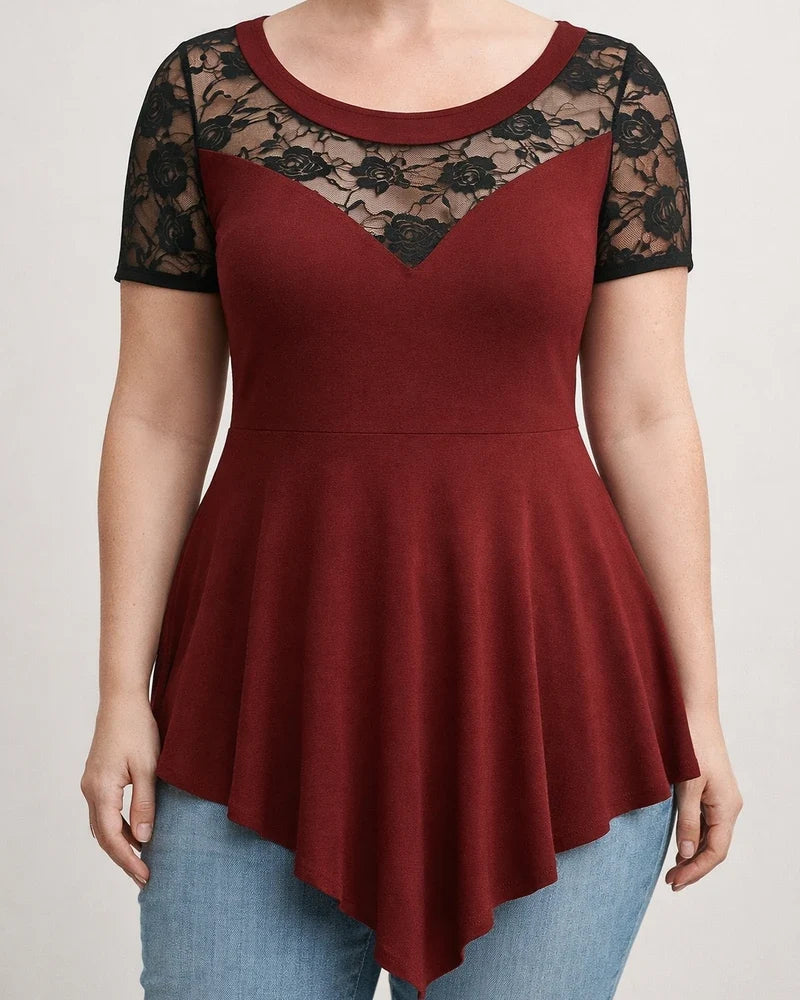 New Arrival Women's Plus Size Floral Lace Short-Sleeve Asymmetrical Hem Sheer Round Neck Top | JRSEE:b688dd8b-dd7b-4c61-b6b1-9727a2d3115d