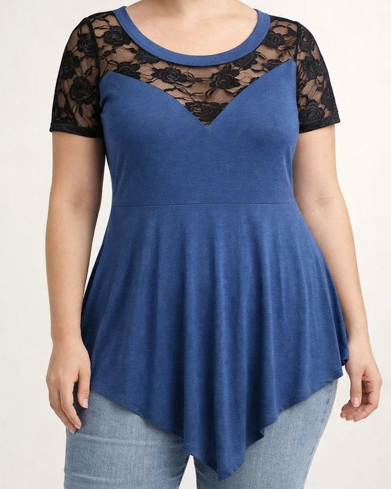 New Arrival Women's Plus Size Floral Lace Short-Sleeve Asymmetrical Hem Sheer Round Neck Top | JRSEE:08012d64-1054-4d9c-9d52-92e6865f88c9