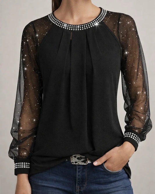 New Arrival Women's Rhinestone Top Long Sleeve Mesh T-Shirt | JRSEE:d0899344-0de3-44e6-bd1a-9c665a39e194
