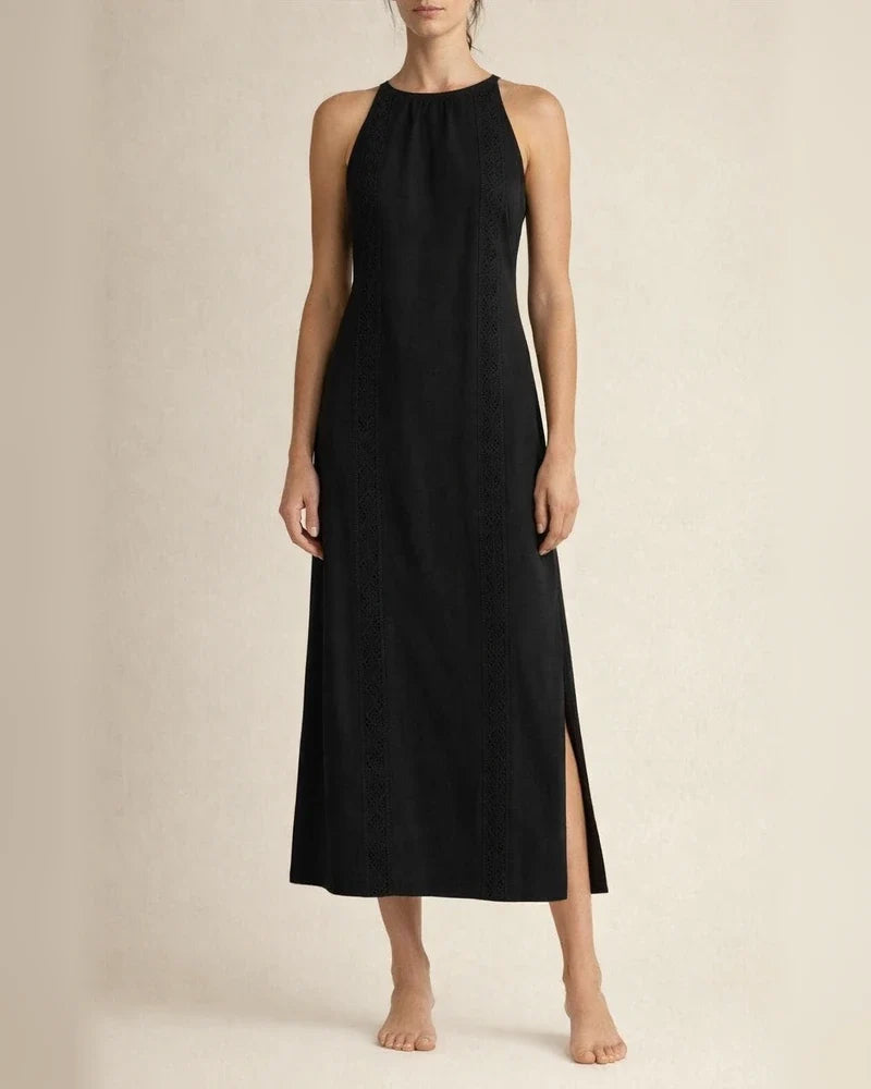 New Arrival Women's Round-Neck Sleeveless Lace-Trimmed Slit Solid-Color Cotton-Linen Dress | JRSEE:668048c1c2 | JRSEE:f74380c5-fac2-4200-88c1-e42844ad2bd6