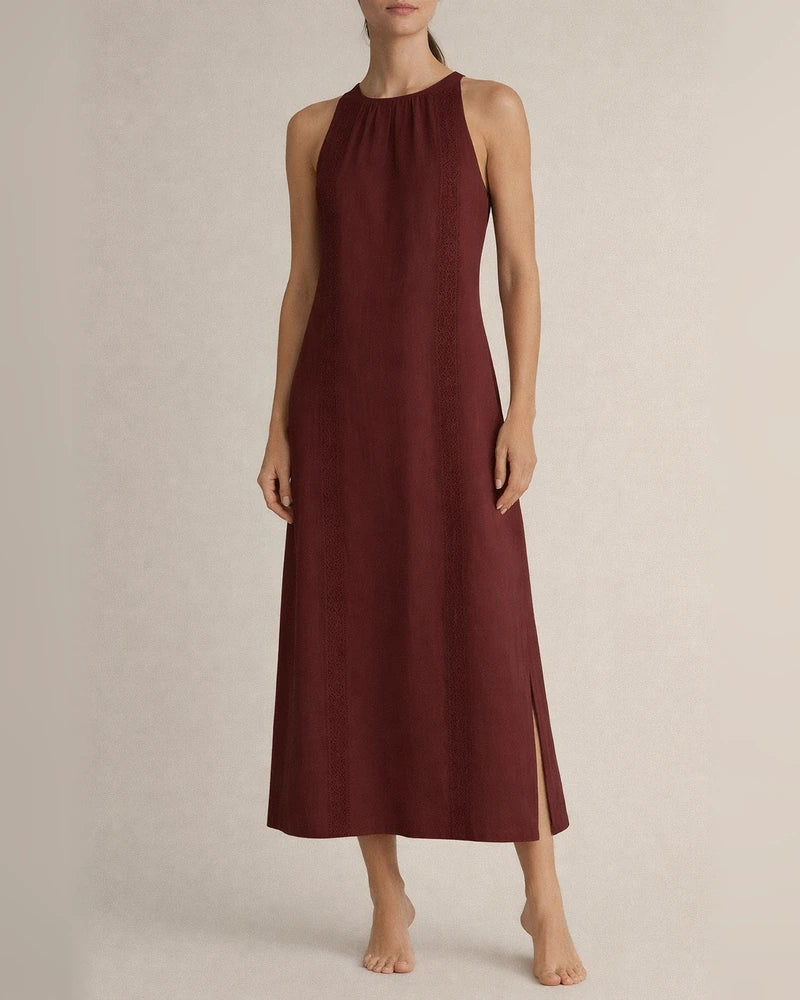 New Arrival Women's Round-Neck Sleeveless Lace-Trimmed Slit Solid-Color Cotton-Linen Dress | JRSEE:02524eca1a | JRSEE:068e5915-18fc-4441-951f-d0b0e32e486b