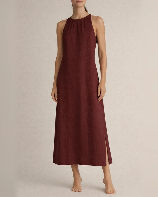 New Arrival Women's Round-Neck Sleeveless Lace-Trimmed Slit Solid-Color Cotton-Linen Dress | JRSEE:02524eca1a | JRSEE:068e5915-18fc-4441-951f-d0b0e32e486b