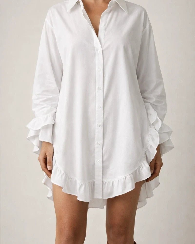 New Arrival Women's Solid Color Loose-Fit Ruffled Shirt | JRSEE:38b663be-fb8f-452a-9015-82e04fa4ce50