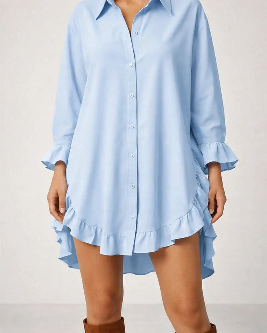 New Arrival Women's Solid Color Loose-Fit Ruffled Shirt | JRSEE:980b8e82-1a28-4053-bd7a-a52c12d9dea9