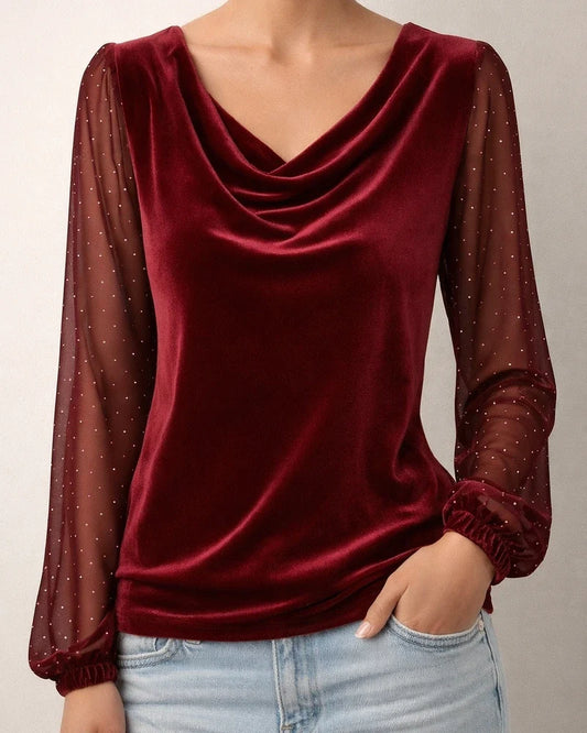 New Arrival Women's Solid Color V-Neck Mesh Rhinestone Long Sleeve T-Shirt | JRSEE:c0329f3b-6d88-48f3-bec9-f423acfa51e5
