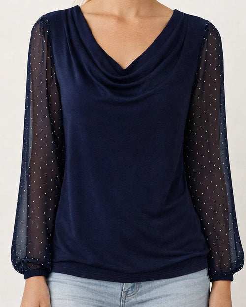 New Arrival Women's Solid Color V-Neck Mesh Rhinestone Long Sleeve T-Shirt | JRSEE:915a7eb3-b4c3-4b15-8326-b857afcc2299