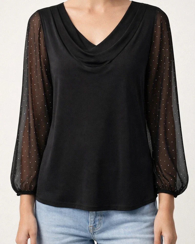 New Arrival Women's Solid Color V-Neck Mesh Rhinestone Long Sleeve T-Shirt | JRSEE:0648262a-c49f-4236-ac4f-ed006fd736a5