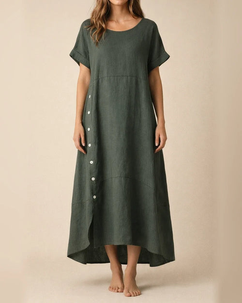 New Arrival Women's Summer-Style Loose-Fit Casual Solid-Color Short-Sleeve Cotton-Linen Dress Long Dress | JRSEE:0194e741-21f4-4820-b6fa-8a0d5a81ec45