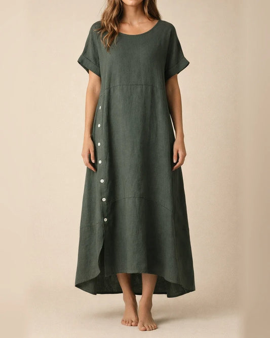 New Arrival Women's Summer-Style Loose-Fit Casual Solid-Color Short-Sleeve Cotton-Linen Dress Long Dress | JRSEE:0194e741-21f4-4820-b6fa-8a0d5a81ec45