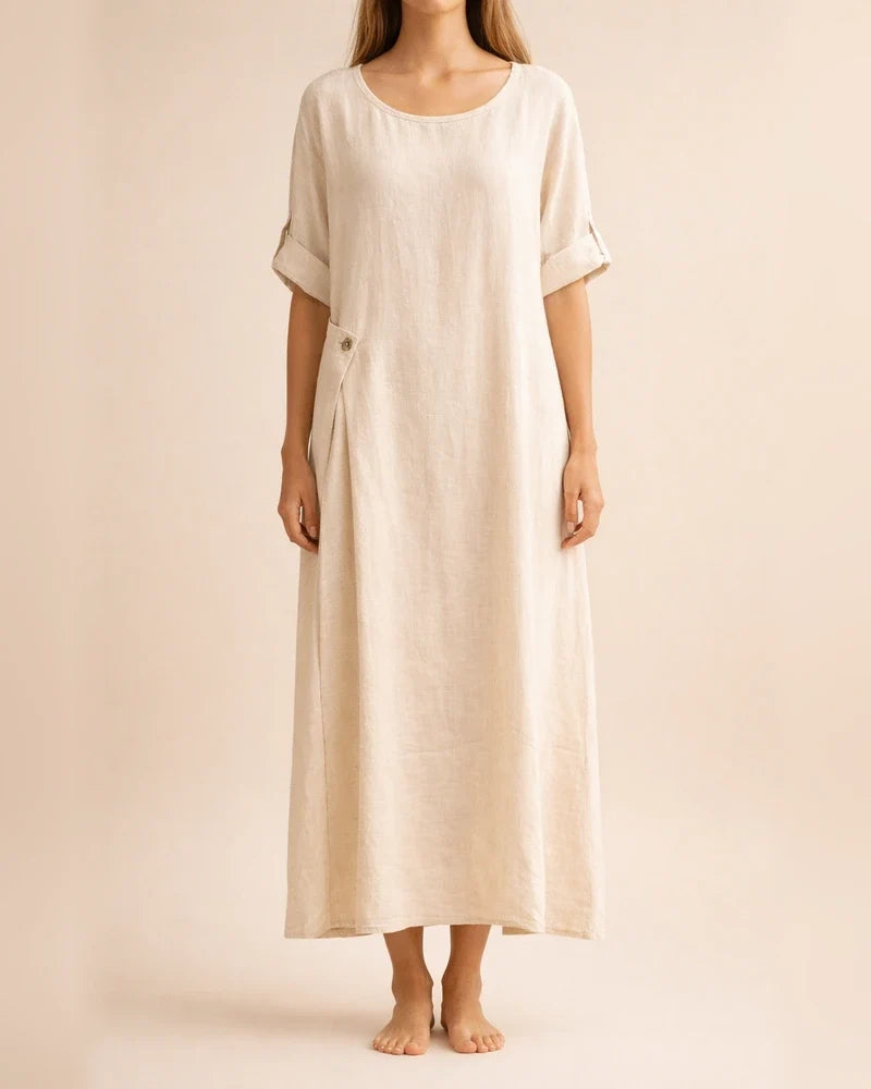 New Arrival Women's Summer-Style Loose-Fit Casual Solid-Color Short-Sleeve Cotton-Linen Dress Long Dress | JRSEE:041f4971-8f12-4241-9b85-e5cf4e93df5d