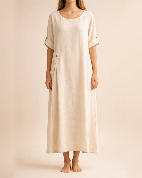 New Arrival Women's Summer-Style Loose-Fit Casual Solid-Color Short-Sleeve Cotton-Linen Dress Long Dress | JRSEE:041f4971-8f12-4241-9b85-e5cf4e93df5d