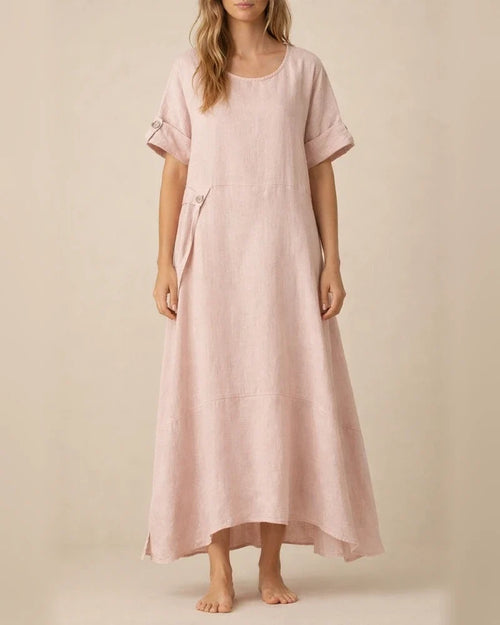 New Arrival Women's Summer-Style Loose-Fit Casual Solid-Color Short-Sleeve Cotton-Linen Dress Long Dress | JRSEE:d170eff3-23c0-40b5-a2aa-699cfa830690