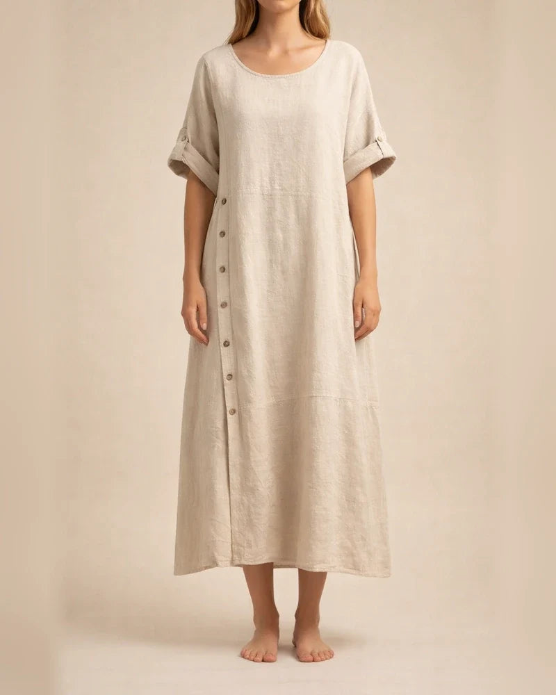 New Arrival Women's Summer-Style Loose-Fit Casual Solid-Color Short-Sleeve Cotton-Linen Dress Long Dress | JRSEE:e752d33e-681f-40d0-9501-fc09d00b365a