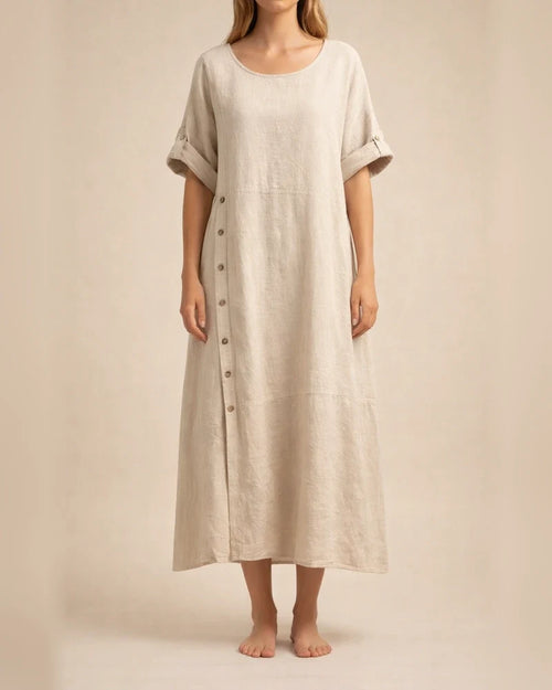 New Arrival Women's Summer-Style Loose-Fit Casual Solid-Color Short-Sleeve Cotton-Linen Dress Long Dress | JRSEE:e752d33e-681f-40d0-9501-fc09d00b365a
