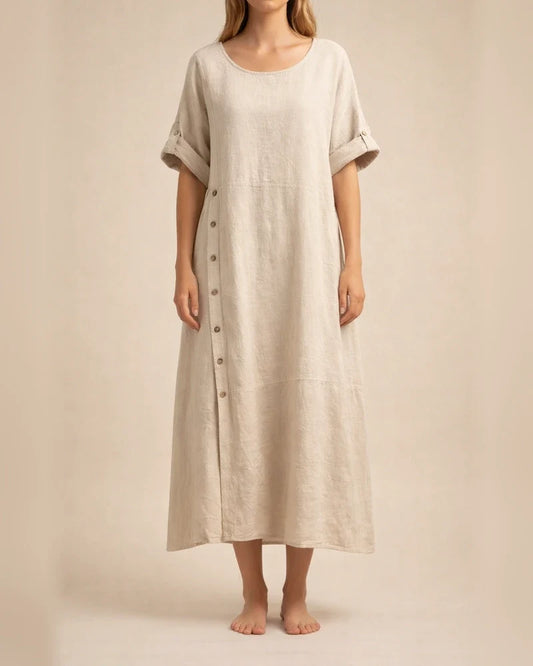 New Arrival Women's Summer-Style Loose-Fit Casual Solid-Color Short-Sleeve Cotton-Linen Dress Long Dress | JRSEE:e752d33e-681f-40d0-9501-fc09d00b365a