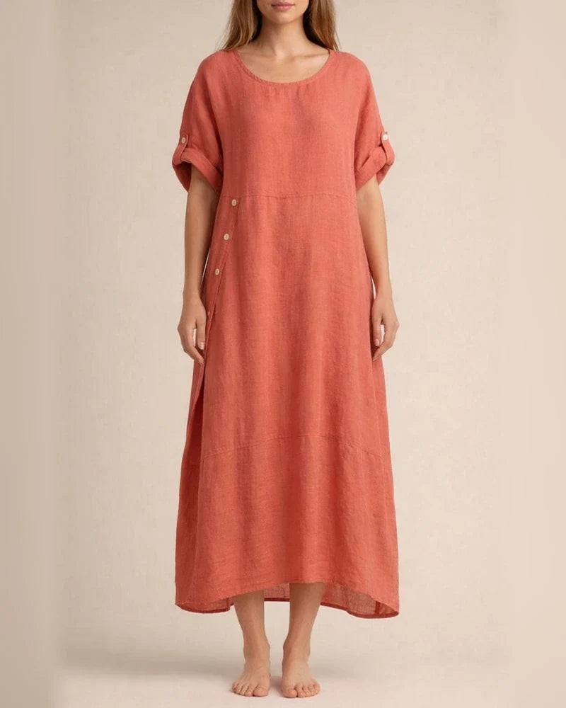 New Arrival Women's Summer-Style Loose-Fit Casual Solid-Color Short-Sleeve Cotton-Linen Dress Long Dress | JRSEE:924954df-ef2f-4b60-b2d6-7b2def485da6