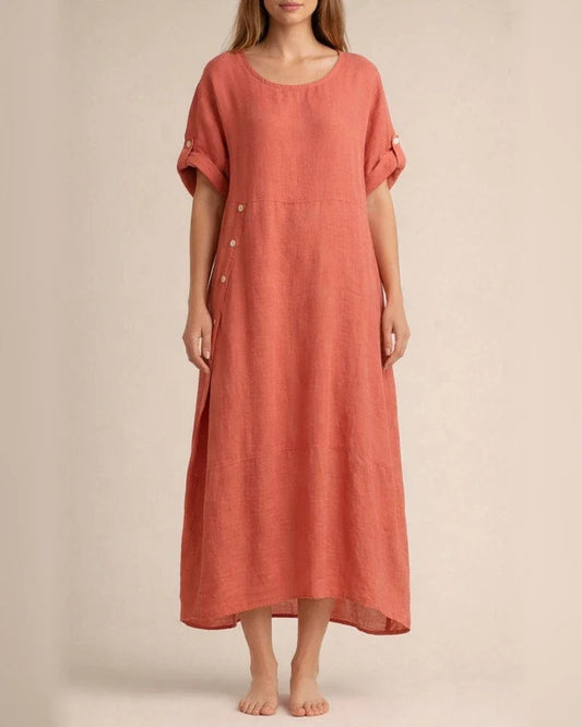 New Arrival Women's Summer-Style Loose-Fit Casual Solid-Color Short-Sleeve Cotton-Linen Dress Long Dress | JRSEE:924954df-ef2f-4b60-b2d6-7b2def485da6