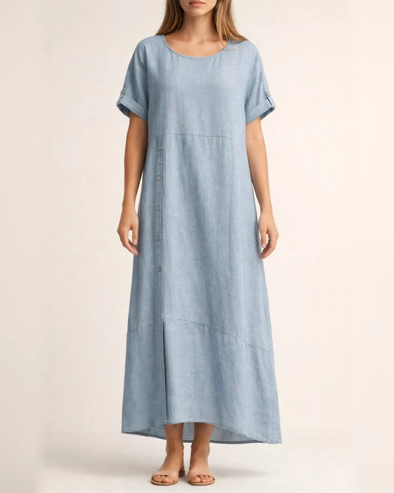 New Arrival Women's Summer-Style Loose-Fit Casual Solid-Color Short-Sleeve Cotton-Linen Dress Long Dress | JRSEE:9815faa8-be13-4ec4-9396-908b1c636a04