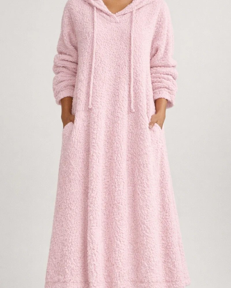 New Autumn and Winter Solid Color Loose Leisure Long Section Fleece Hooded Long-sleeved Dress Homewear | JRSEE:94d30161-8ac8-4cb0-bc0d-9cdcba07ceb6