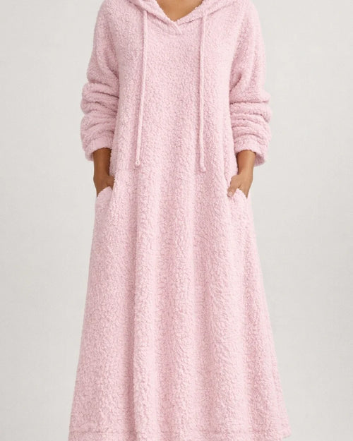 New Autumn and Winter Solid Color Loose Leisure Long Section Fleece Hooded Long-sleeved Dress Homewear | JRSEE:94d30161-8ac8-4cb0-bc0d-9cdcba07ceb6