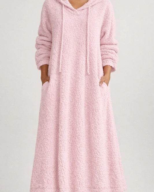 New Autumn and Winter Solid Color Loose Leisure Long Section Fleece Hooded Long-sleeved Dress Homewear | JRSEE:94d30161-8ac8-4cb0-bc0d-9cdcba07ceb6