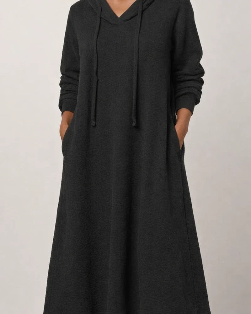 New Autumn and Winter Solid Color Loose Leisure Long Section Fleece Hooded Long-sleeved Dress Homewear | JRSEE:3fedc3d0-9c8f-4ed6-ba9f-171a2bfe1ffb