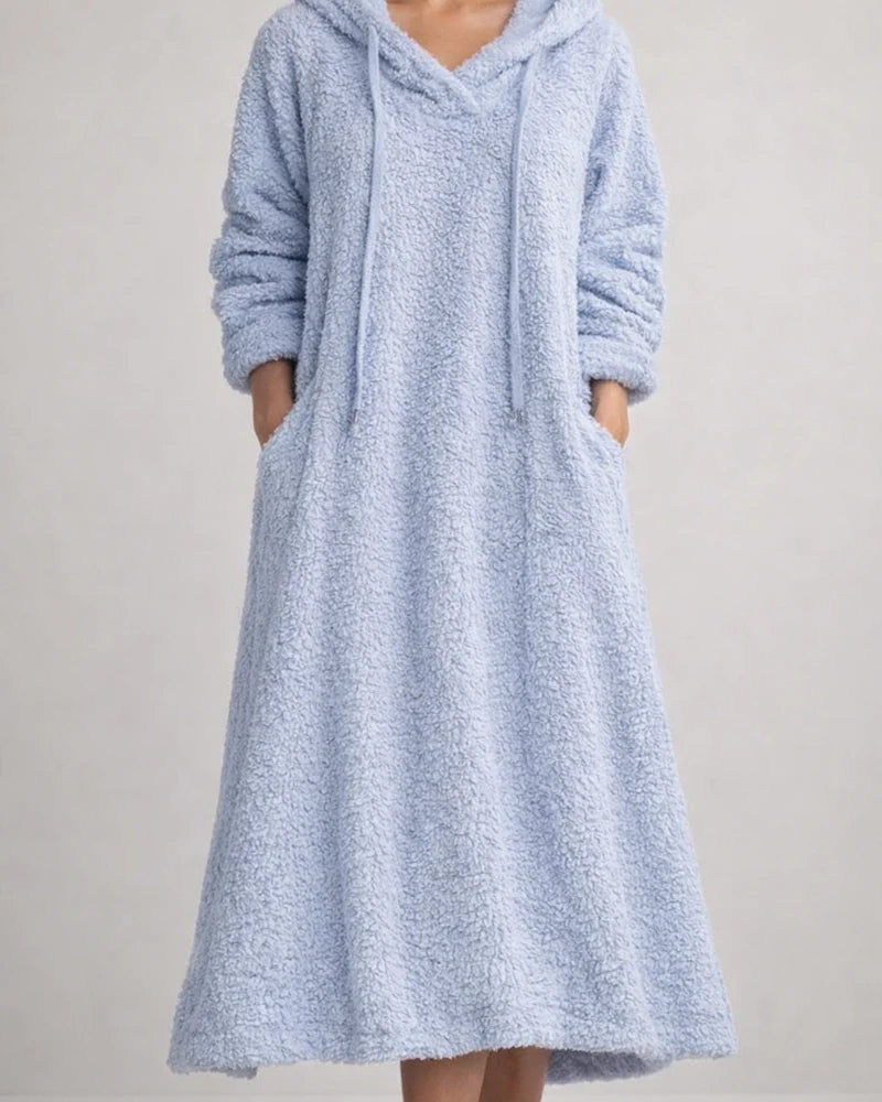 New Autumn and Winter Solid Color Loose Leisure Long Section Fleece Hooded Long-sleeved Dress Homewear | JRSEE:dbdda78c-65da-4753-a6ef-62e18d8b84ee