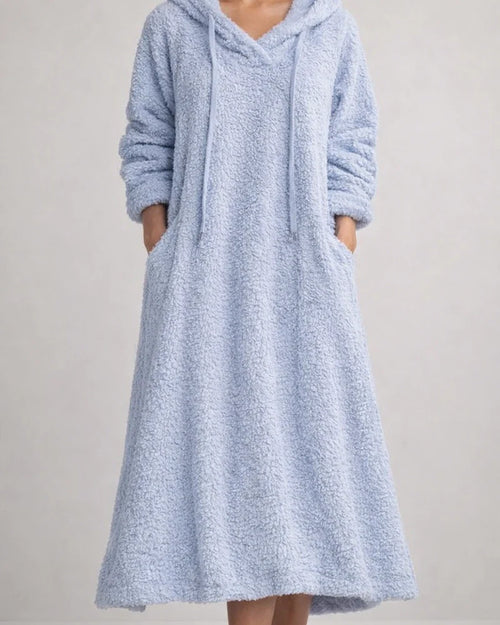 New Autumn and Winter Solid Color Loose Leisure Long Section Fleece Hooded Long-sleeved Dress Homewear | JRSEE:dbdda78c-65da-4753-a6ef-62e18d8b84ee