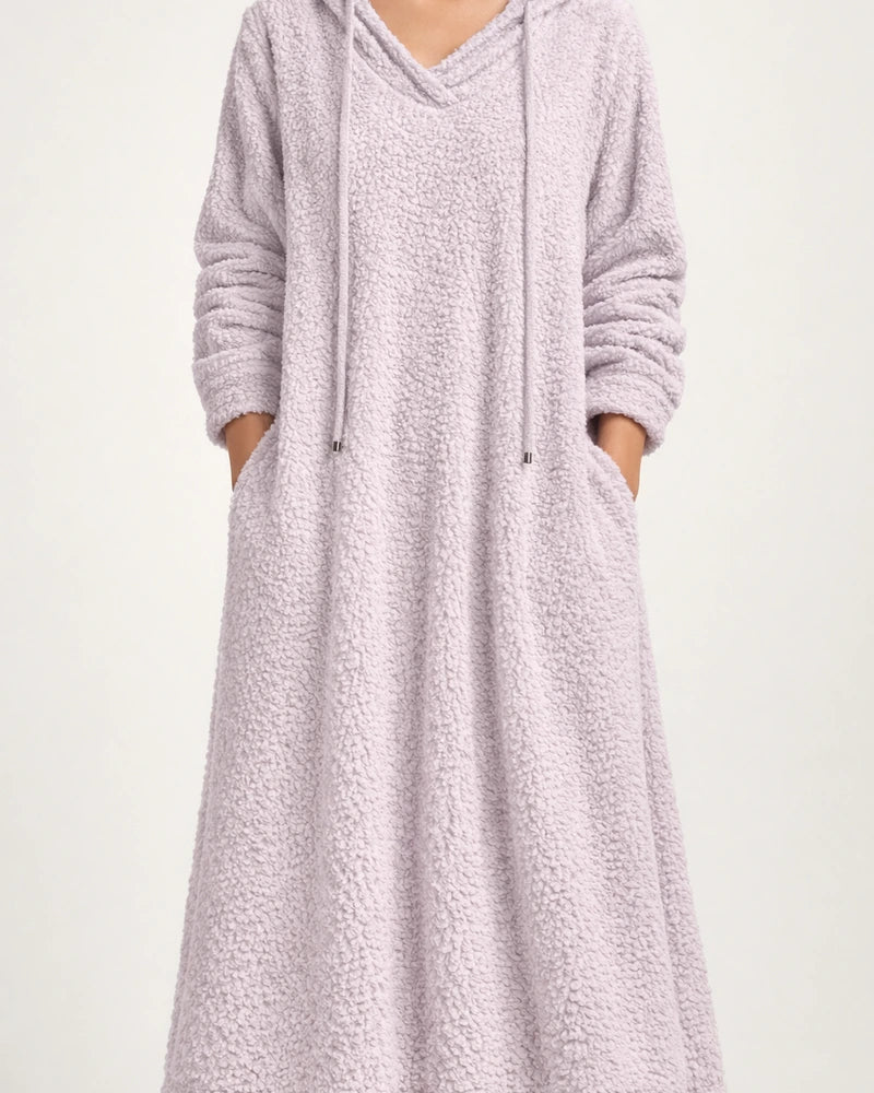 New Autumn and Winter Solid Color Loose Leisure Long Section Fleece Hooded Long-sleeved Dress Homewear | JRSEE:47c7f735-521c-46c1-bac4-c80ac10490d9