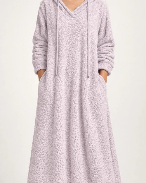 New Autumn and Winter Solid Color Loose Leisure Long Section Fleece Hooded Long-sleeved Dress Homewear | JRSEE:47c7f735-521c-46c1-bac4-c80ac10490d9