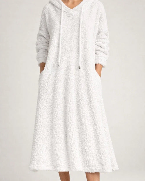 New Autumn and Winter Solid Color Loose Leisure Long Section Fleece Hooded Long-sleeved Dress Homewear | JRSEE:5c1d65f4-a4c2-41ec-88f0-42c4b7835e03