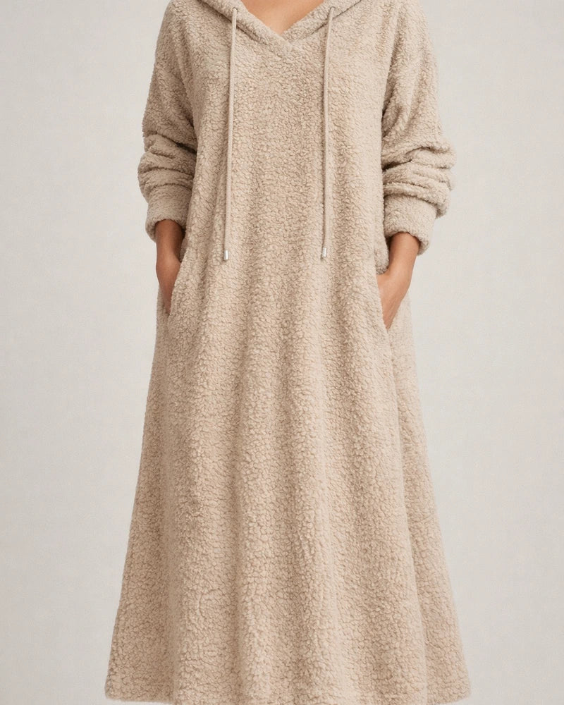 New Autumn and Winter Solid Color Loose Leisure Long Section Fleece Hooded Long-sleeved Dress Homewear | JRSEE:40035708-92a7-4765-9ff3-27e25a2cfd0b