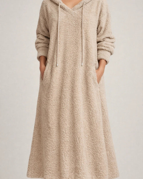 New Autumn and Winter Solid Color Loose Leisure Long Section Fleece Hooded Long-sleeved Dress Homewear | JRSEE:40035708-92a7-4765-9ff3-27e25a2cfd0b