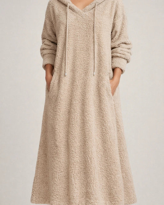 New Autumn and Winter Solid Color Loose Leisure Long Section Fleece Hooded Long-sleeved Dress Homewear | JRSEE:40035708-92a7-4765-9ff3-27e25a2cfd0b