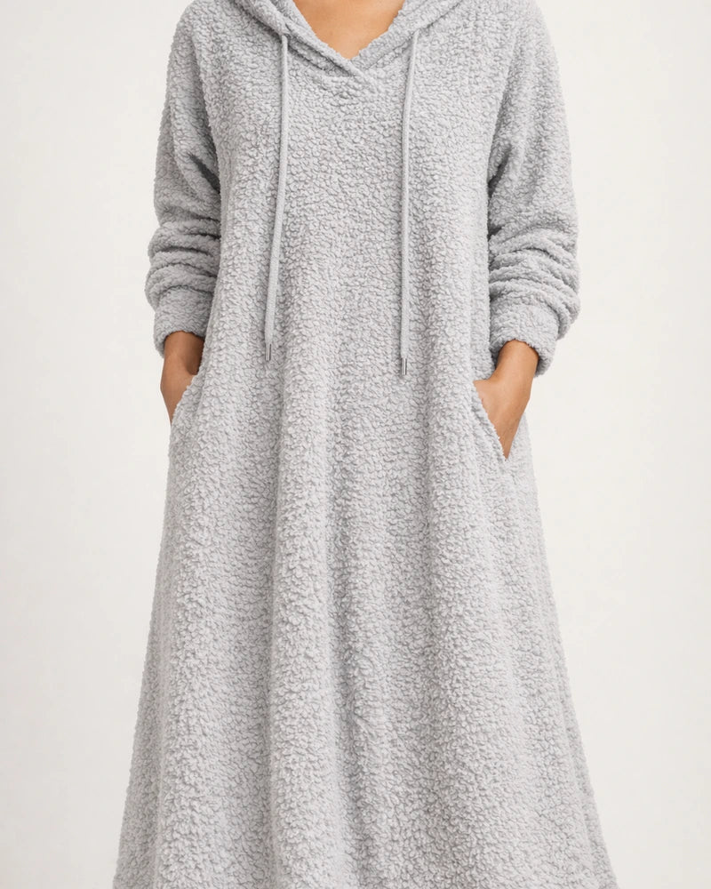 New Autumn and Winter Solid Color Loose Leisure Long Section Fleece Hooded Long-sleeved Dress Homewear | JRSEE:f7be4522-9197-4ba3-a6a9-9c72edf549fd