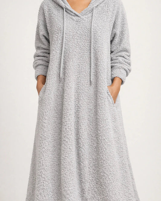 New Autumn and Winter Solid Color Loose Leisure Long Section Fleece Hooded Long-sleeved Dress Homewear | JRSEE:f7be4522-9197-4ba3-a6a9-9c72edf549fd