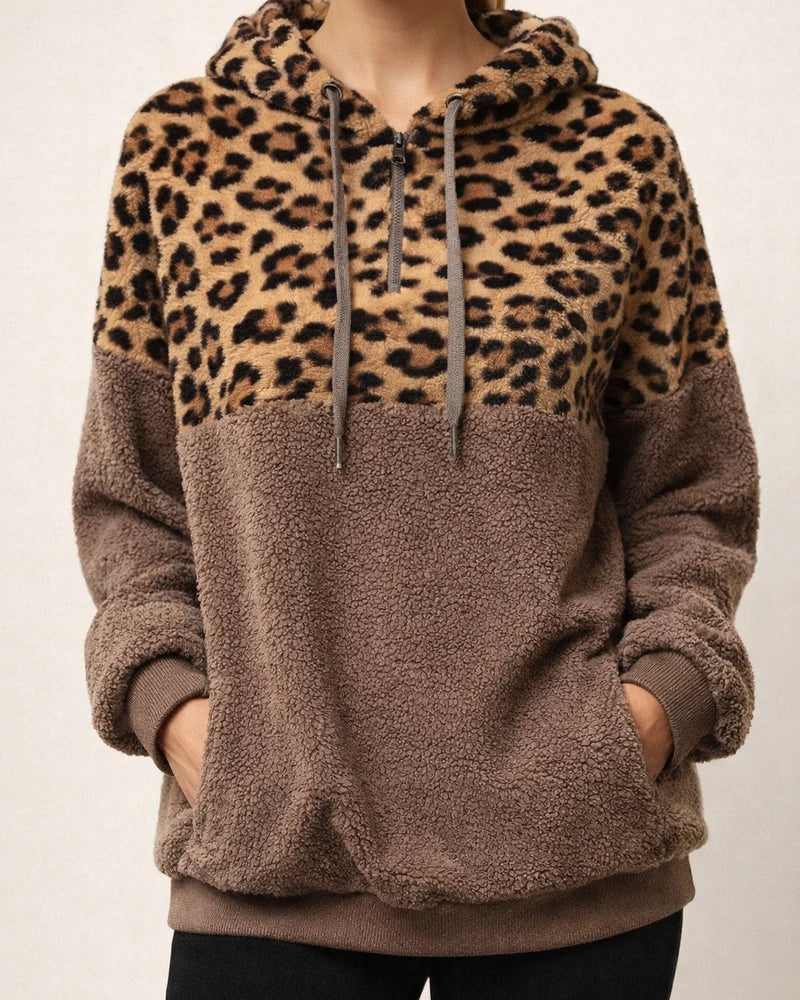 New Autumn and Winter Women's Sexy Leopard Print Zipper Pocket Top Plush Hooded Sweatshirt Womens | JRSEE:1a3c9db8-77b4-47e2-a297-7e395c050165
