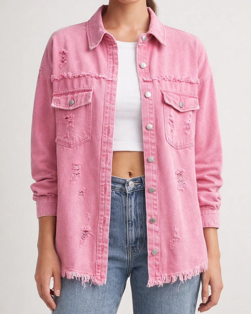 New Denim Jacket Women Solid Color Loose Jacket Holes Long-sleeved Women's Denim Shirt | JRSEE:050bed22-ab0c-46a9-afc4-7a1ba46a92e3