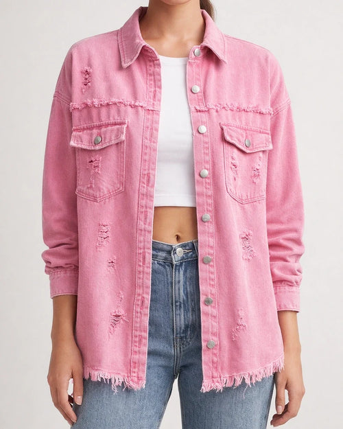 New Denim Jacket Women Solid Color Loose Jacket Holes Long-sleeved Women's Denim Shirt | JRSEE:050bed22-ab0c-46a9-afc4-7a1ba46a92e3