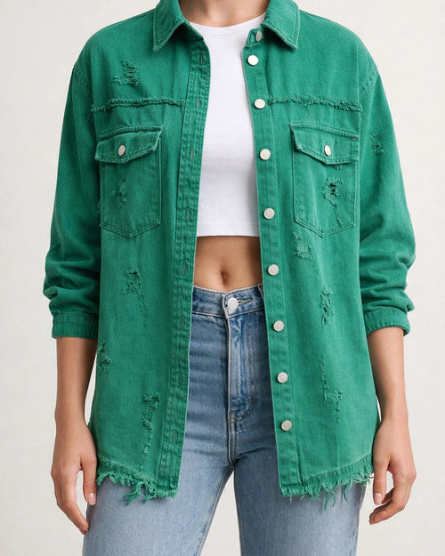 New Denim Jacket Women Solid Color Loose Jacket Holes Long-sleeved Women's Denim Shirt | JRSEE:57571df1-8830-4184-9eb6-01ff3bc8b805